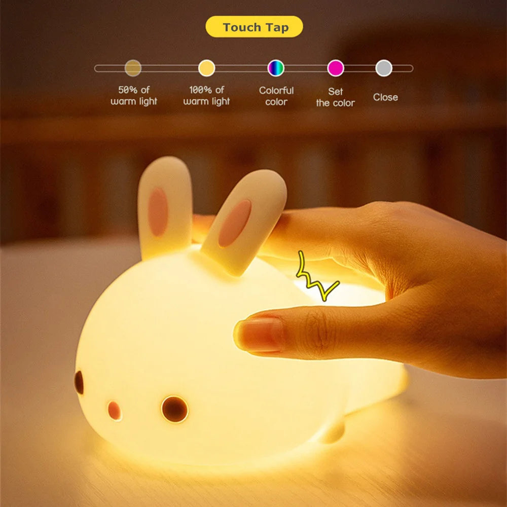 RGB Touch LED Rabbit Night Light – 16-Color Rechargeable Silicone Lamp for Kids