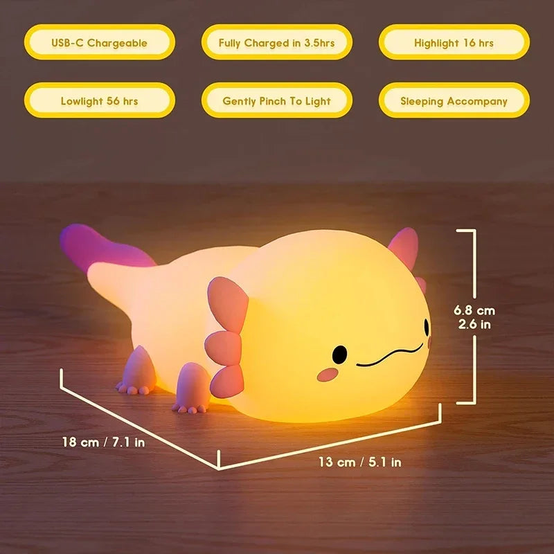 Axolotl LED Night Light – Silicone Touch USB Rechargeable Lamp for Kids