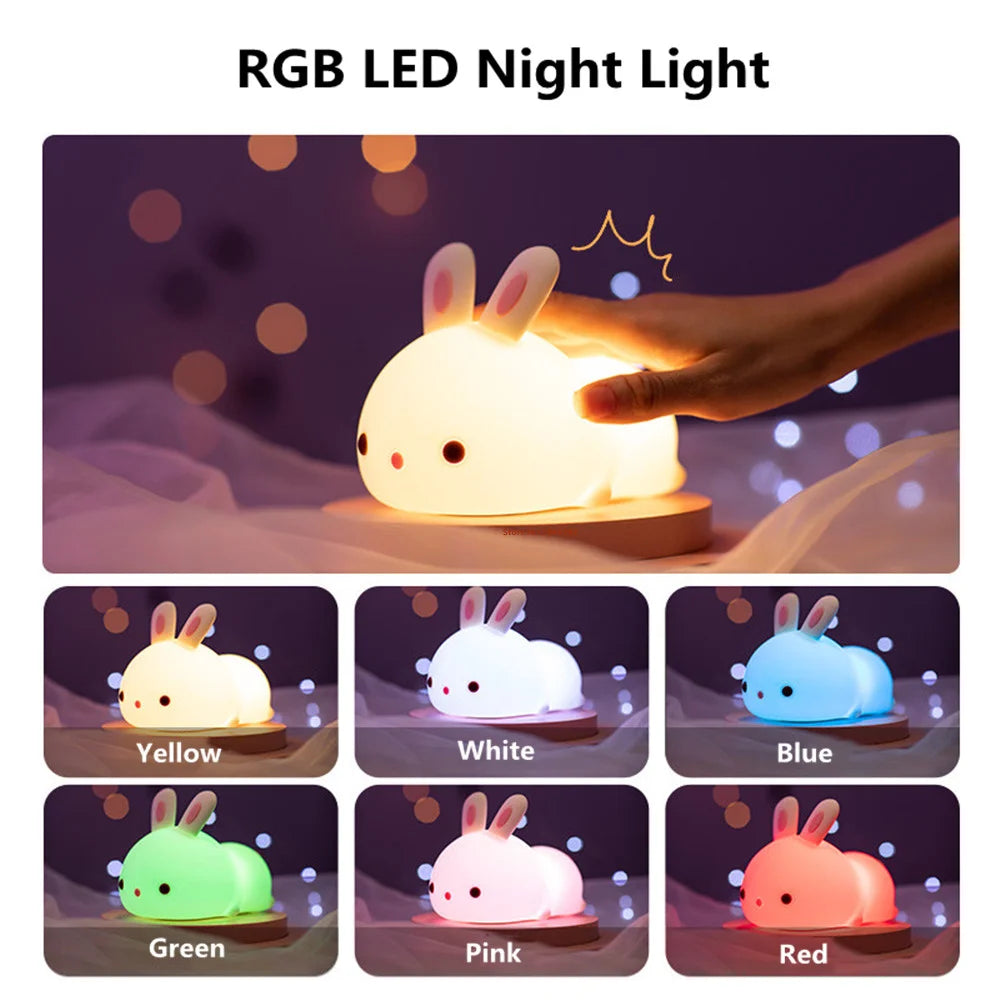 RGB Touch LED Rabbit Night Light – 16-Color Rechargeable Silicone Lamp for Kids
