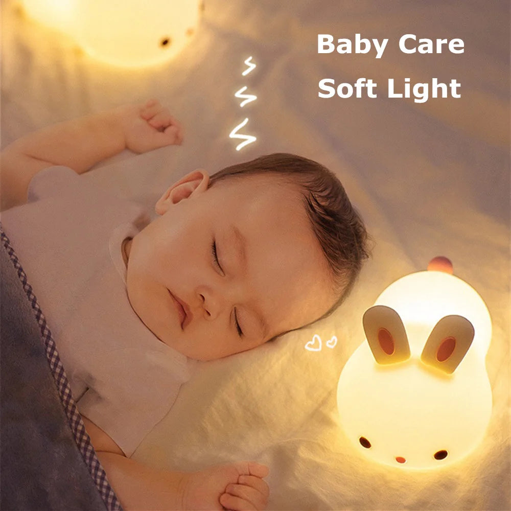 RGB Touch LED Rabbit Night Light – 16-Color Rechargeable Silicone Lamp for Kids