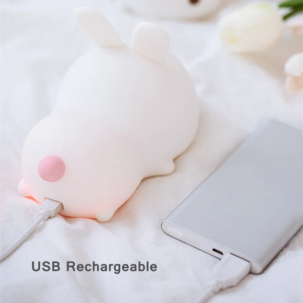 RGB Touch LED Rabbit Night Light – 16-Color Rechargeable Silicone Lamp for Kids